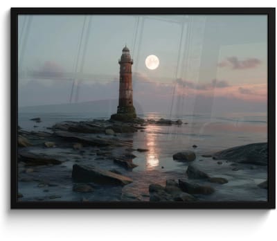 Poster in lijst - Fotolijst 70x50 cm - Posters - Vuurtoren - Stenen - Water - Maan - Posterlijst zwart - Decoratie - Wanddecoratie woonkamer - Muurdecoratie slaapkamer