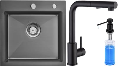 Auralum max Spoelbak voor keuken 45x45cm Antraciet - Spoelbakken Keuken Met Keukenkraan en Zeepdispenser 300ML - Wasbak met waterafvoersysteem - RVS