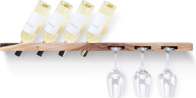Tu Las™ Massief houten wijnflessen houder inclusief wijnglazen en champagneglazen houder - 94 x 22 x 4 cm - Zwevende wijnflessen houder - Muur bevestiging - Walnoot hout