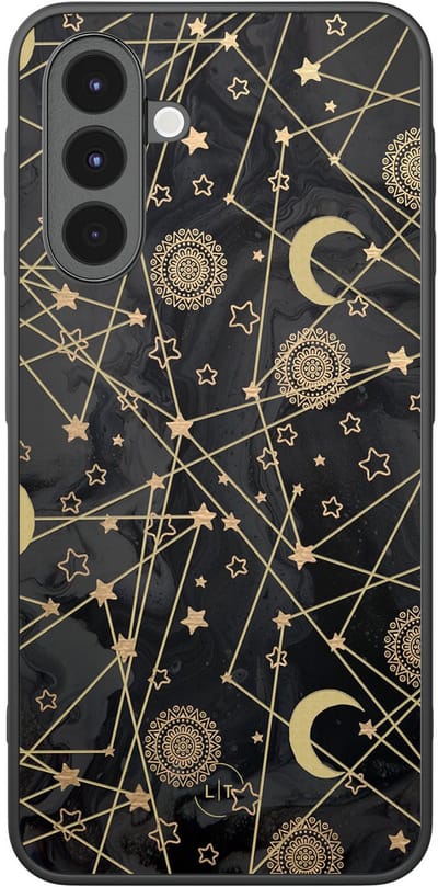 Leuke Telefoonhoesjes - Hoesje geschikt voor Samsung Galaxy A16 - Sterren, zon, maan - Backcover zwart - Print / Illustratie - Zwart, Goud