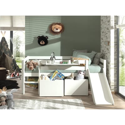 LUCEVI - Pino Halfhoogslaper H85CM + Glijbaan + Ladder + Set van 2 Laden + Hangplank - Wit - 90x200 cm