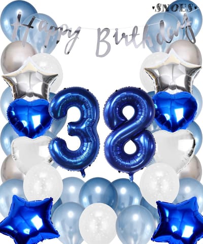 Snoes Ballonnen 38 Jaar Set Mega Blauw Zilver Ballon - Compleet Feestpakket Cijferballon 38 Jaar - Verjaardag Versiering Slinger Happy Birthday – Folieballon – Latex Ballonnen - Helium Ballonnen