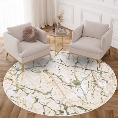 Tapiso Crystal Rond Vloerkleed Creme Laagpolig Woonkamer Modern Tapijt Maat- 80x80