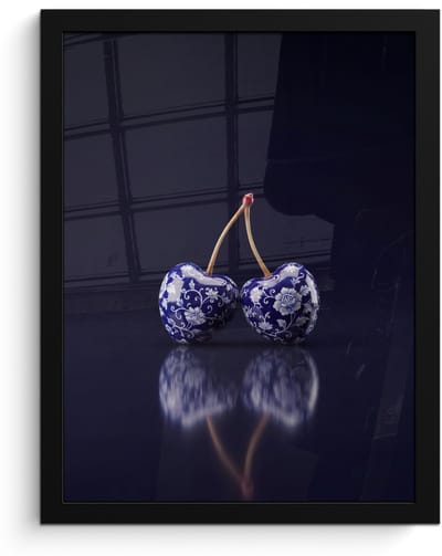 Poster in lijst - Fotolijst 30x40 cm - Posters - Porselein- Kersen - Delfts - Blauw - Posterlijst zwart - Decoratie - Wanddecoratie woonkamer - Muurdecoratie slaapkamer