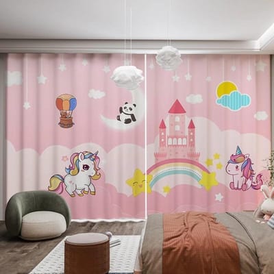2 Panelen Roze Prinsessenkamer Gordijnpanelen Cartoon Eenhoorn Kasteel Regenboog Print Gordijnen voor Meisjes Kinder Slaapkamer Gordijnen cortina 2x70W185H(CM)&rod pocket
