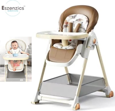 Eszenzics™ Baby Eetstoel "Sep" - Compact inklapbaar - Veiligheidsgordel - Verstelbare rugleuning - Zachte PU zwenkwielen met remfunctie - 53 tm 82cm tafelhoogte - Khaki - Meegroeistoel