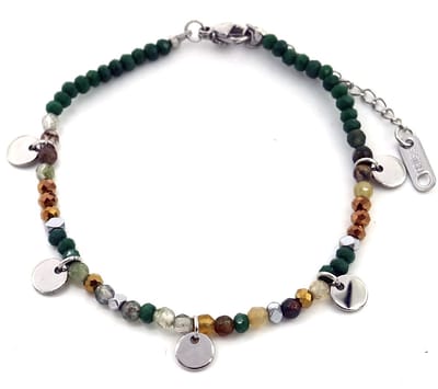 Armband Dames - Munten en Kralen - RVS - Verstelbaar 16-21 cm - Groen en Zilverkleurig