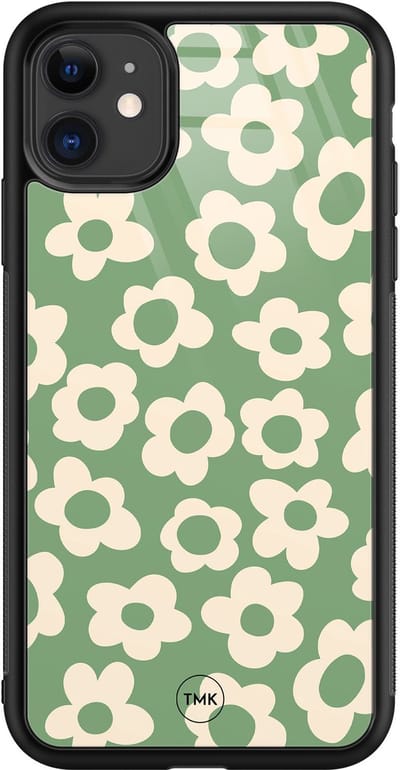 Hoesje geschikt voor Apple iPhone 11 - Retro cute flowers - Groen - TPU luxe case (glossy toplaag) - Bloemen - Hardcase backcover zwart