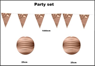 Party set rose goud - 1x Vlaggenlijn rosegoud 1000cm + 2x Lampion rosegoud 25cm -party festival thema feest