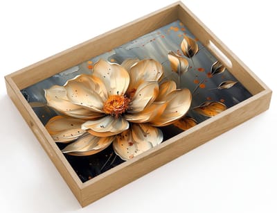 Dienblad hout 40x30 cm - Schootdienblad - Bloemen - Goud - Kunst - Zwart - Modern - Borrelplank rechthoek - Plateau dienbladen