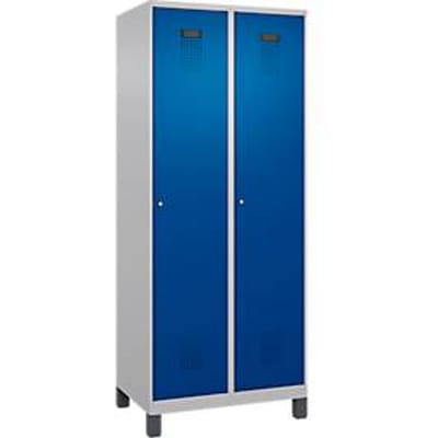 C+P Evolo Plus garderobekast, 2 vakken, 400 mm vakbreedte, met poten, rechts scharnierend, soft-close, inbraakwerend, B 800 x D 500 x H 1950 mm, cilinderslot, alu wit RAL 9006/genziana blauw RAL 5010