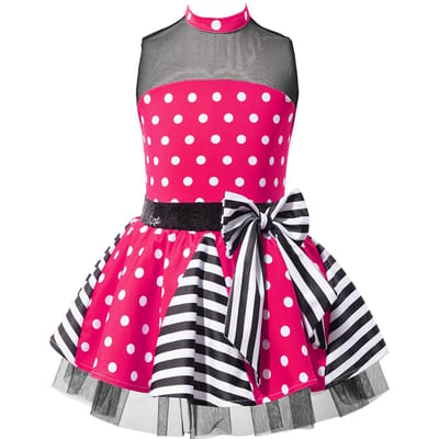 Robe de Danse Ballet sans Manches à Pois Imprimés pour Filles avec Jupe Tutu en Tulle Tenue de Danse Gymnastique Costume de Fête 4 rose chaud