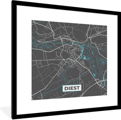 Fotolijst incl. Poster - Stadskaart – Grijs - Kaart – Diest – België – Plattegrond - 40x40 cm - Posterlijst