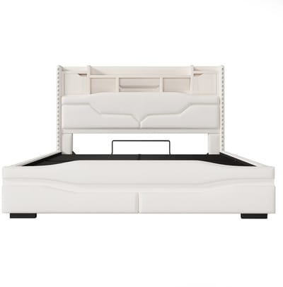COVREO Bedframe 160x200 cm beige, met opbergruimte en LED, zonder matras