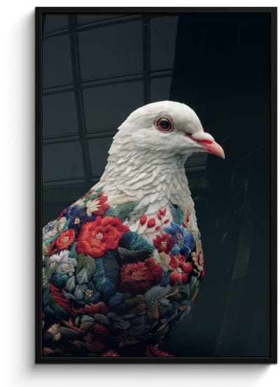 Poster in lijst - Fotolijst 80x120 cm - Posters - Duif - Bloemen - Wit - Zwart - Posterlijst zwart - Decoratie - Wanddecoratie woonkamer - Muurdecoratie slaapkamer