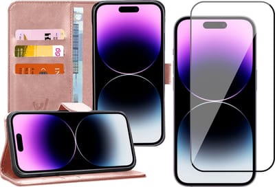 Hoesje geschikt voor iPhone 14 Pro - Book Case Kunstleer Wallet Cover Portemonnee Pasjeshouder Hoes Roségoud - Full Tempered Glass Screenprotector