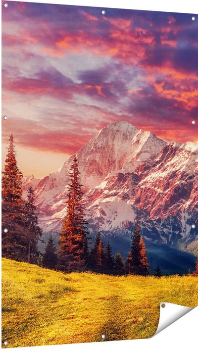 Gards Tuinposter Alpen Landschap met een Kleurrijke Hemel - 100x150 cm - Tuindoek - Tuindecoratie - Wanddecoratie buiten - Tuinschilderij
