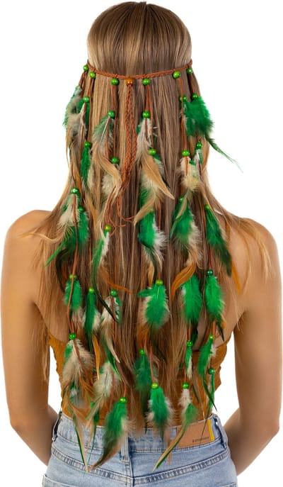 KIMU® Hoofdband Veren Groen Bruin - Ibiza Hippie Indiaan Haarband - Veertjes Kraaltjes Vlecht Leer Haar Bohemian Boho Chic Coachella Festival