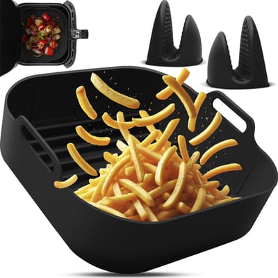 Fentic Airfryer Siliconen Bakje + Oven Wanten – 20,5 cm - Geschikt voor Philips, Cosori, Ninja, Tefal, Cecotec – Accessoires voor Airfryers - Zwart