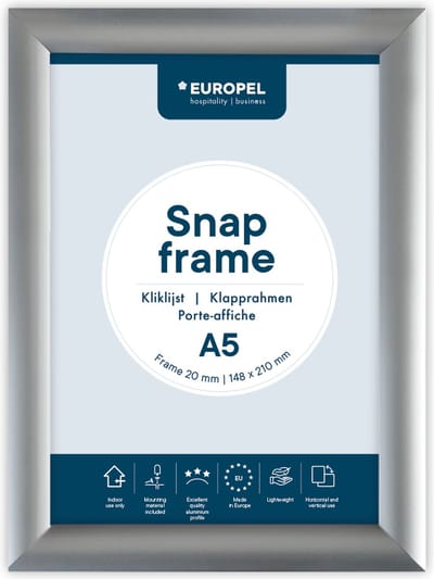 Europel Kliklijst – Posterlijst – A5 – 14,8 x 21 cm – 25mm – Aluminium – Zilver