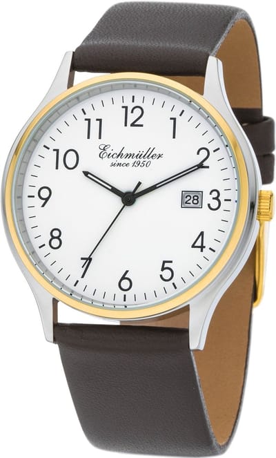 Eichmüller Klassiek Herenhorloge met Datum - Bicolor Edelstaal - Bruine Horlogeband - Witte Wijzerplaat - Quartz Uurwerk - 38 mm