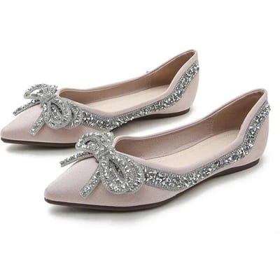 Mode strass enkele schoenen voor dames zomer groot formaat puntige neus platte zool strik damesschoenen 34 gray