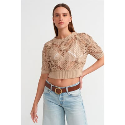Dames Getextureerde Crop Crew Neck Trui