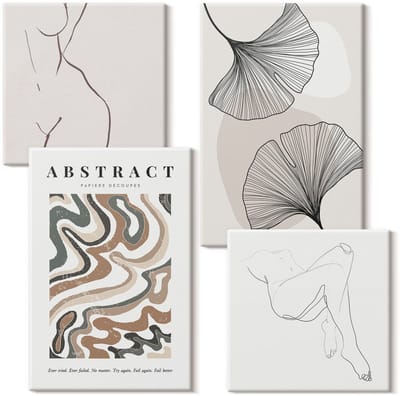 Wallfluent Set van canvas schilderijen - Abstracte poster met vrouwelijke vormen in boho-stijl Canvas Schilderijen Set - Set van 4 Canvas Schilderijen - Beige Set van Canvas Prints - Abstractie Canvas Kunst Set - Boheemse Canvas Kunst Set
