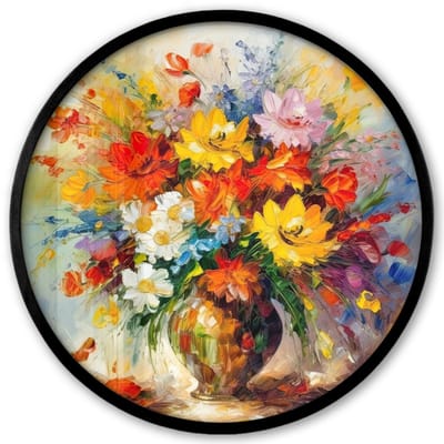 Poster in lijst Rond - Fotolijst 40x40 cm - Posters - Bloemen - Kleurrijk - Olieverf - Bloempot - Ronde posterlijst zwart - Decoratie - Wanddecoratie woonkamer - Muurdecoratie slaapkamer