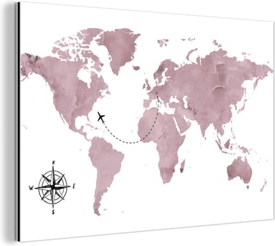Wanddecoratie Metaal - Aluminium Schilderij Industrieel - Wereldkaart - Roze - Windroos - 180x120 cm - Dibond - Foto op aluminium - Industriële muurdecoratie - Voor de woonkamer/slaapkamer