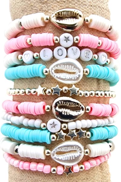 Principessa Katsuki kralenpakket voor armbanden – Turquoise, Roze en Wit – 4 mm Rocailles Roze en wit – Zilveren kraaltjes – Kauri schelpen