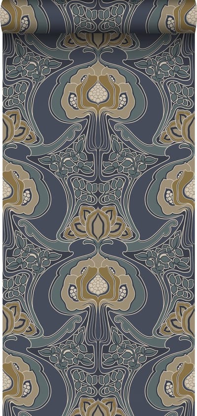 ESTAhome behang vintage bloemen in art nouveau stijl vergrijsd blauw - 53 cm x 10.05 m - 139572