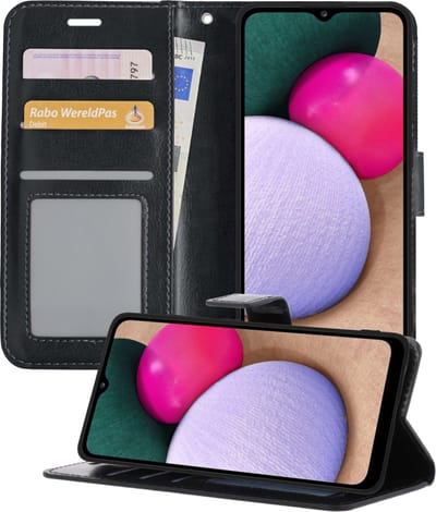 Hoesje - Geschikt voor Samsung Galaxy A02s - Luxe Bookcase - Walletcase Hoes - Portemonnee - Cover - Telefoonhoes - Zwart
