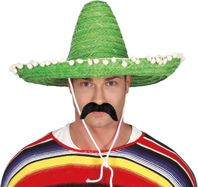 Smiffys Mexicaan Carnaval verkleed set - Grote sombrero hoed groen - Dia 50 cm - met plaksnor - heren