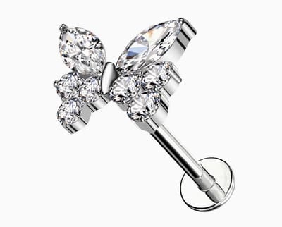Luxe Titanium Piercing - Kleur: Zilver - Vlinder / Butterfly - Tragus / Kraakbeen / Helix / Conch - Formaat: 1.2 x 6 mm - Hoge Kwaliteit - Piercing Sieraad - Oorpiercing / Ear Piercing - Oorbellen - Inclusief Luxe Cadeauverpakking