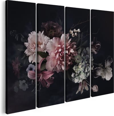 Artaza Canvas Schilderij Vierluik Diverse Bloemen Op Zwart Achtergrond - 160x120 - Groot - Foto Op Canvas - Canvas Print