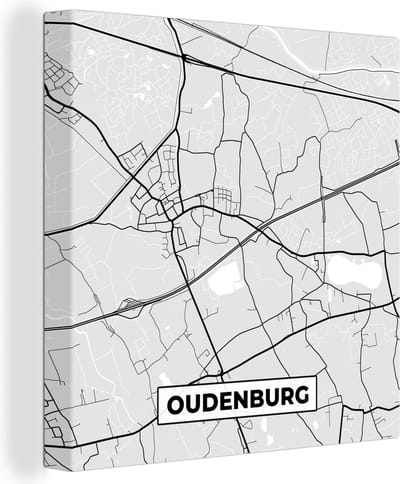Canvas Schilderij Plattegrond – Oudenburg – Zwart Wit – Stadskaart - Kaart - 20x20 cm - Wanddecoratie