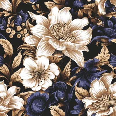 40 Servetten - Decoratieve Bloemen op een zwarte achtergrond - Goud - Creme - Blauw - Zwart - Cocktail (Klein) Formaat - 25 x 25 cm - 3-Laags - Maki