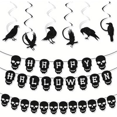 1 ensemble Halloween crâne noir alphabet tirer drapeau tirer fleur spirale 3 pièces ensemble, corbeau spirale charme ensemble, vacances habiller vacances charmes Pack of 3 black