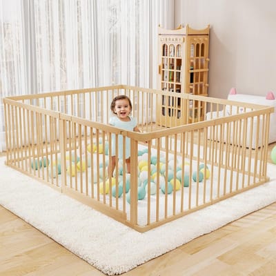 Lucellia® Prime Wood - Grondbox Baby - Speelbox & Kinderbox Hout – Vast Model – Slim Kliksysteem – Beige Connectoren – Verstelbaar 120x160 cm & 140x140 cm – EU Gecertificeerd