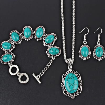 3-delige Dames Vintage Turquoise Armband Ketting Oorbellen Set, Genezende Steen Decoratie Cadeau(Zonder doos) blauw