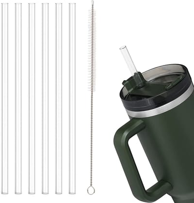 Verpakking van 6 herbruikbare, stevige, doorzichtige plastic rietjes met reinigingsborstel - geschikt voor bekers van 20/30/40 oz.