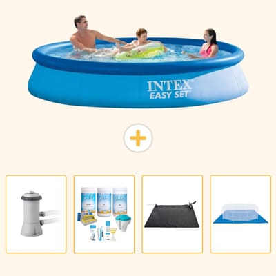 Intex Rond Opblaasbaar Easy Set Zwembad - 366 x 76 cm - Blauw - Inclusief Pomp - Onderhoudspakket - Solar Mat - Grondzeil - 5-delig
