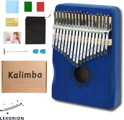 Lexorion Kalimba 17 Tonen – Duimpiano Muziekinstrument – Inclusief Kalimba Boek, Stemapparaat & Opbergzak – Voor Kinderen & Volwassenen – Kalimba Muziekboek – Blauw