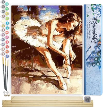 Figured'Art Schilderen op Nummer Volwassenen canvas Een ballerina maakt zich klaar - Handwerk acrylverf Kit DIY Compleet - 40x50cm met DIY houten lijst