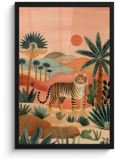Poster in lijst - Fotolijst 40x60 cm - Posters - Tijger - Kleurrijk - Palmen - Cactus - Posterlijst zwart - Decoratie - Wanddecoratie woonkamer - Muurdecoratie slaapkamer