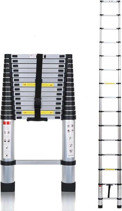 Telescopische ladder - Uitschuifbare ladder - Veilig klussen - Afneembare haken - 44 meter hoog - Aluminiumkleurig