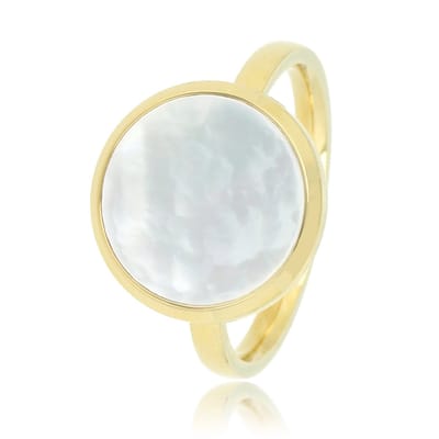 My Bendel - Ring Goudkleurig met Ronde Pearlshell - Goudkleurige Ring - Ronde Pearlshell - Zilverachtige Gloed - met Luxe Cadeauverpakking | Sieraden Voor Dames | Maat 16.00 Mm / Maat 50