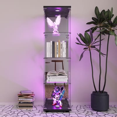 Glazen Vitrinekast met LED Verlichting – 4 Planken – Afsluitbaar – Zwart