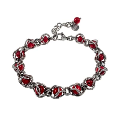 Byzantijns Schakelarmband met Natuurlijke Rode Howliet, Armband Dames, RVS - Verstelbaar 16-20cm - Handgemaakt door esde2